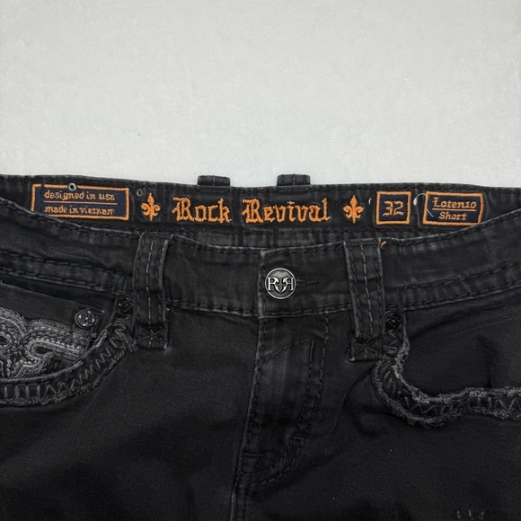 Rock Revival Mens Jean Shorts Size 32 Black Lorenzo Jorts Distressed Embroidery - Picture 5 of 14